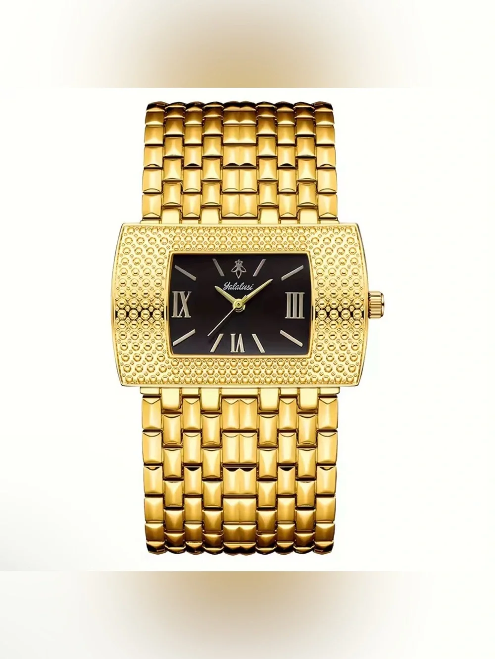 YaLaLuSi Gold Tone Rectangular Rhinestones Bracelet Watch with Black Dial